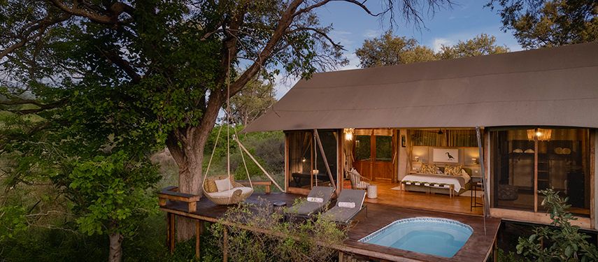 Luxury safari tent at Tuludi Camp featuring a private plunge pool, sunken seating area, and surrounded by lush leadwood trees, offering stunning views of the Okavango landscape.