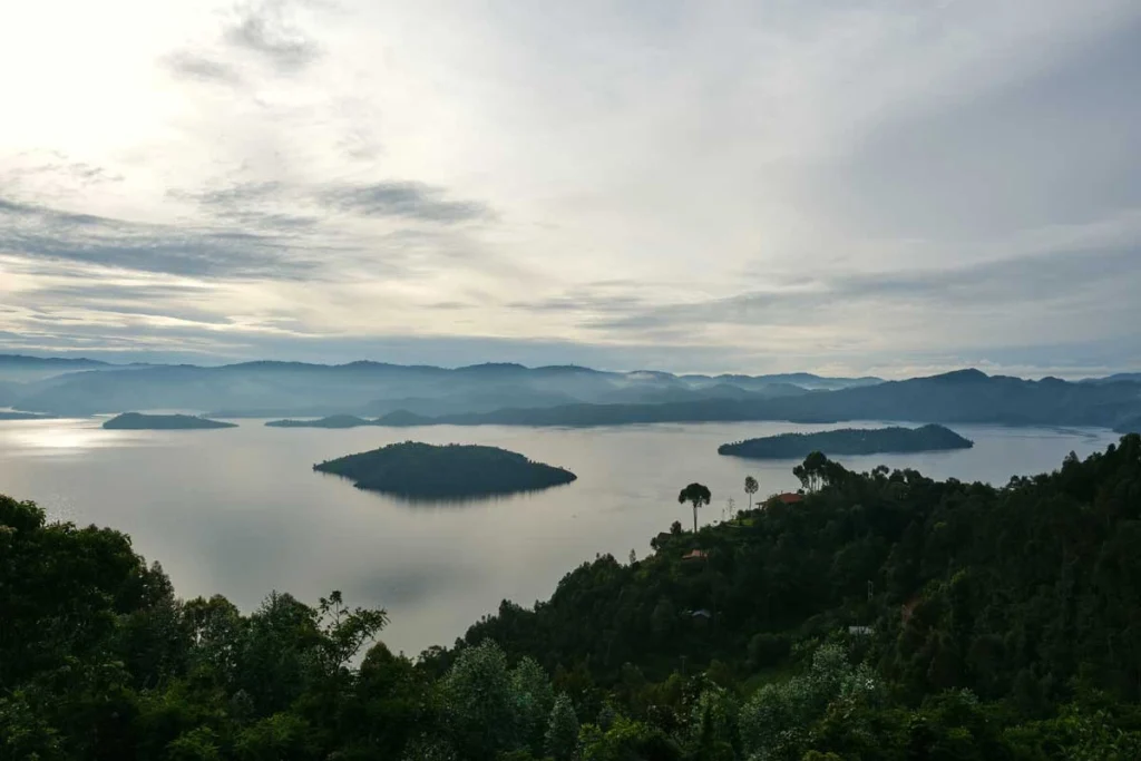 Misty morning view over the islands of Lake Bulera from Virunga Lodge, Rwanda