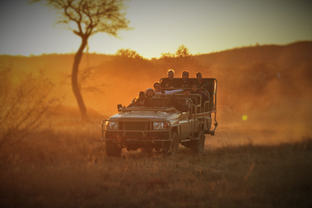 Safari vehicle carrying guests through Okonjima Nature Reserve at sunset