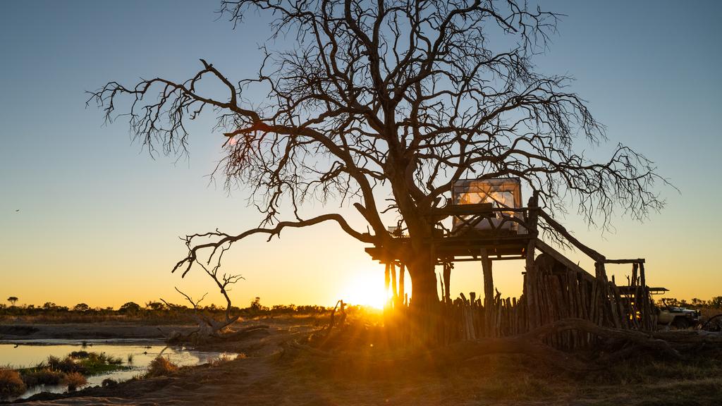 The silhouette of Somalisa Bush Camp's iconic treehouse sleepout platform, set high in the bare branches of a dead tree beside a waterhole, glowing golden against a vivid African sunset with the camp's rustic timber fence and game vehicle visible below, Hwange National Park, Zimbabwe.