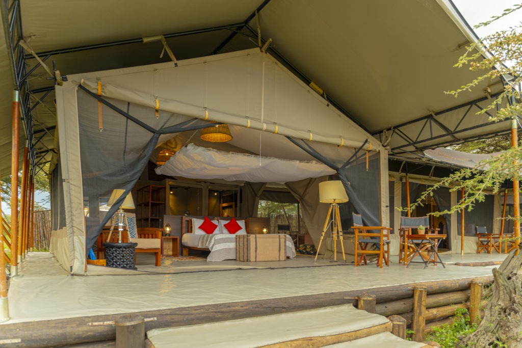 Family tent bedroom seen from the deck, with a mosquito net over the bed, red cushions, woven pendant lights and tripod floor lamps.