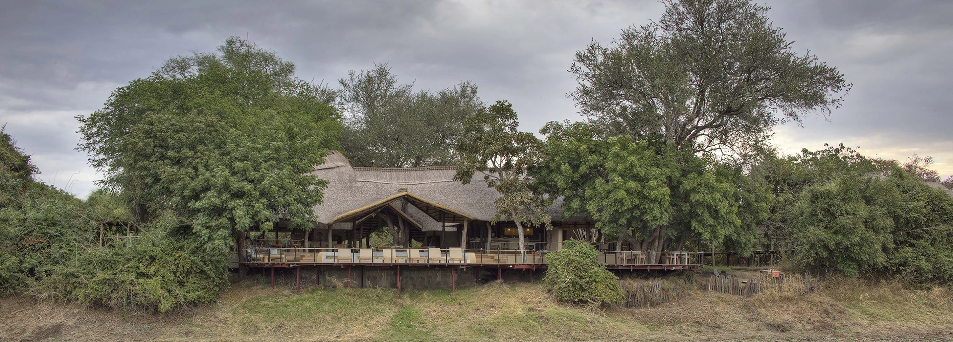 The thatched main lodge at Lion Camp rises above the surrounding bushveld on raised timber supports, its open-sided pavilion and wraparound deck framed by mature trees beneath a cloud-filled sky.