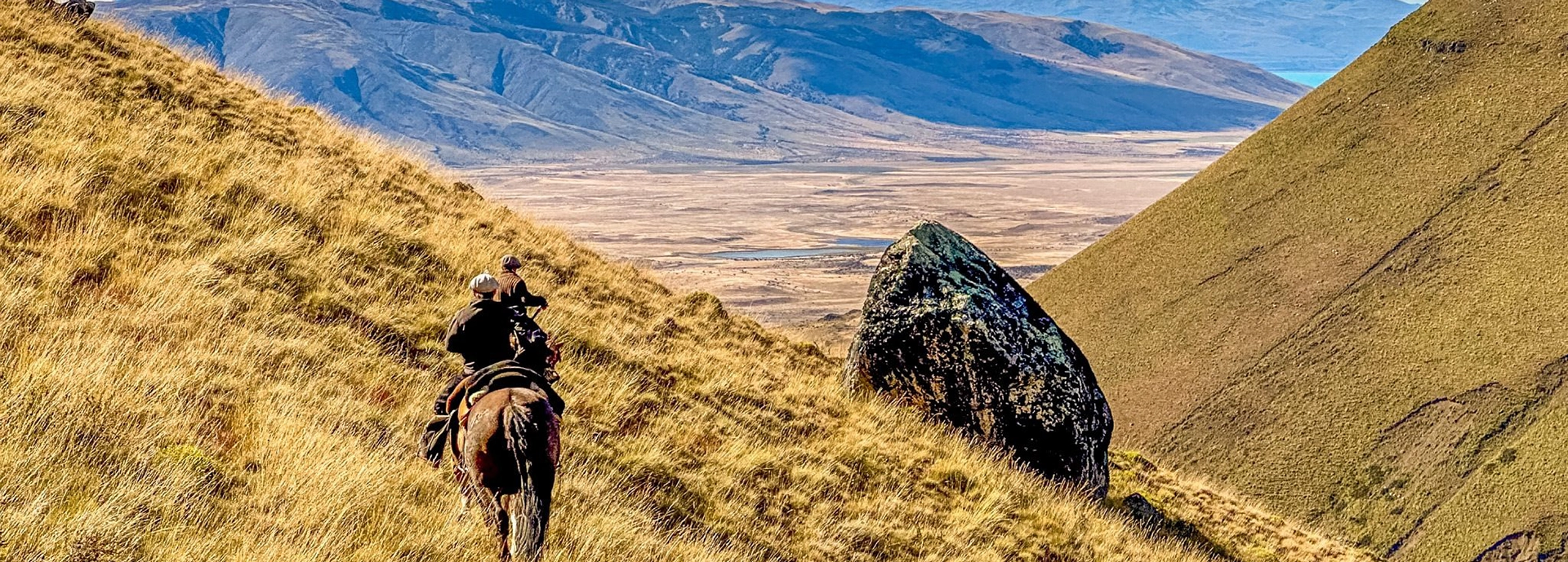 A rider and horse traverse a steep golden hillside overlooking a vast Patagonian plain stretching towards distant mountains.