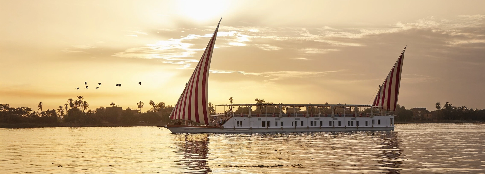 A dahabiya sails through golden sunset light, its striped sails glowing as birds sweep across the horizon.