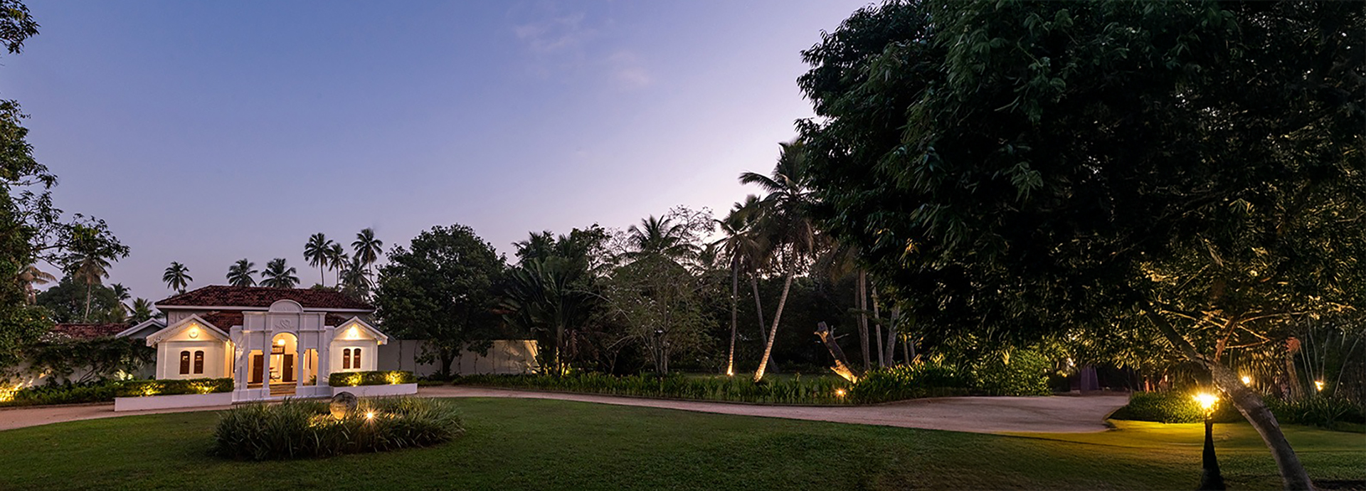 Exterior of Uga Riva hotel at sunset in Sri Lanka