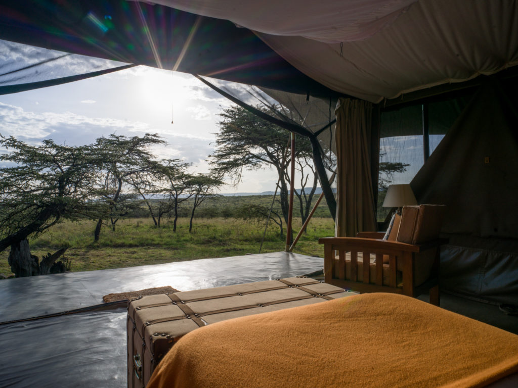 View from the bed in a family tent at Kandili Camp, past a canvas trunk and armchair to acacia trees and plains as the sun breaks through.