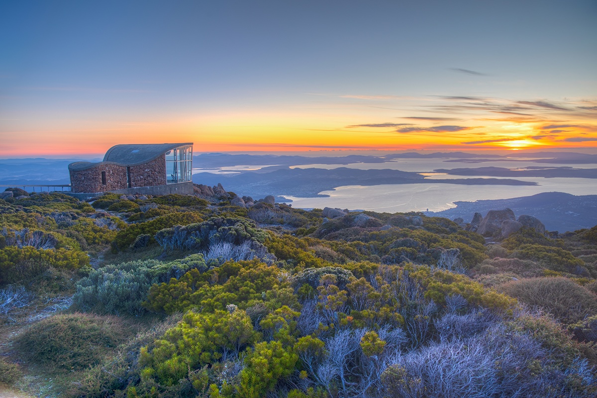 Sunrise view of Pinnacle shelter at Mount Wellington in Hobart, Australia