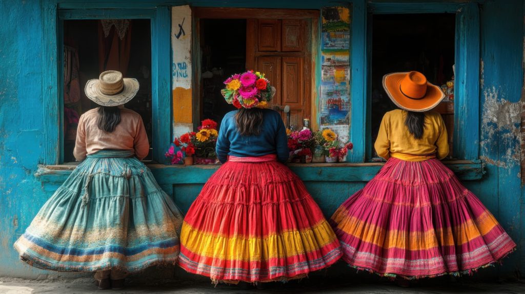 Three women in traditional Peruvian dress