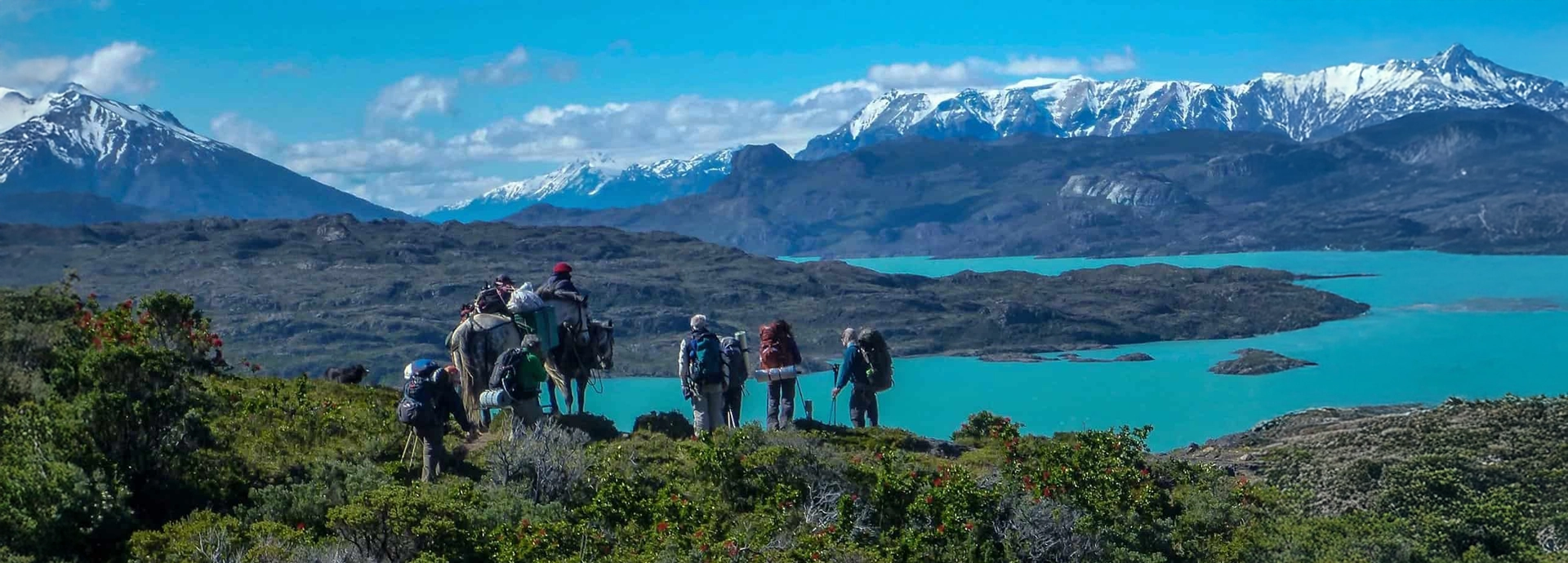 Group of hikers and horse riders travelling along a ridge with turquoise lakes and snowy mountains behind.