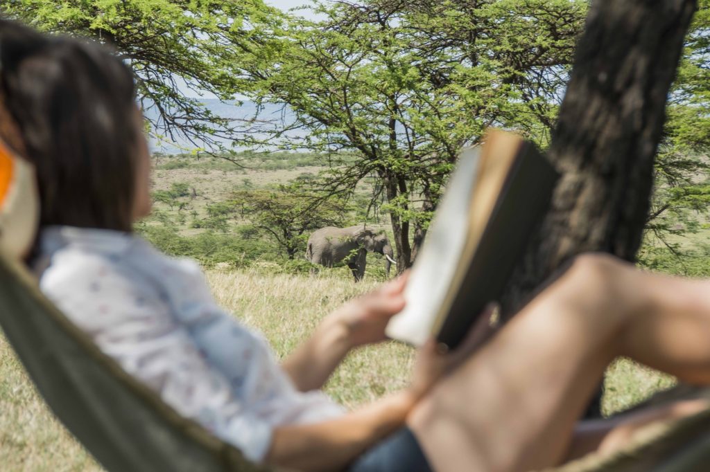 Guest reading in a hammock strung between acacias, watching an African elephant feed in the grassland beyond, Naboisho Conservancy.