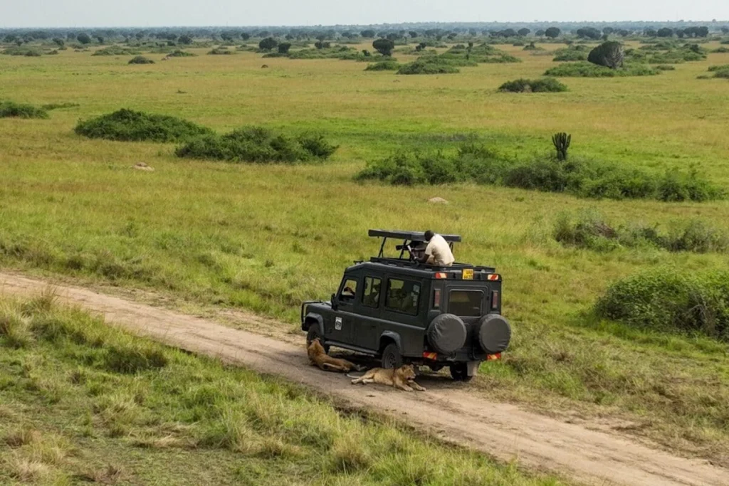 Safari vehicle on a dirt track in Queen Elizabeth National Park with two lionesses resting in its shade