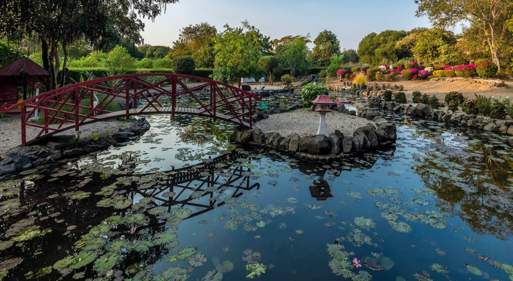 A red arched footbridge crosses a lily pond in the gardens of Orchard Palace, Gondal