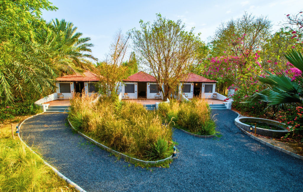 Bhunga-style cottages with red-tiled roofs set among palms, grasses and a lily pond.