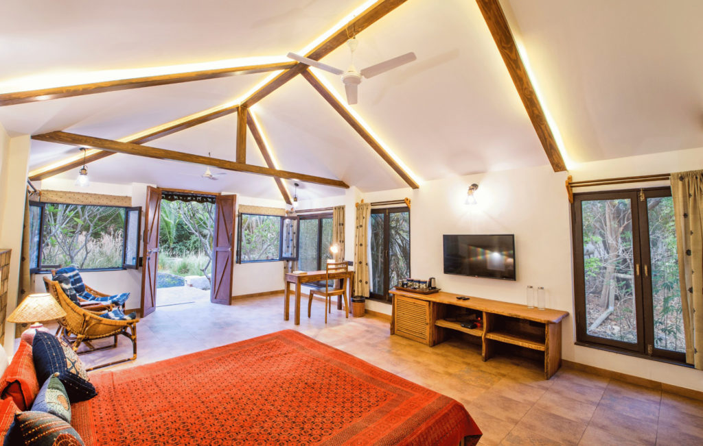 Safari Cottage living area with vaulted beamed ceiling, wall-mounted television and doors opening to the garden.