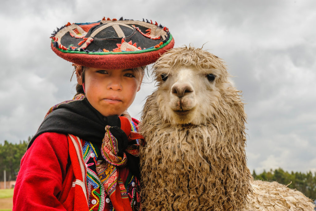 A young Peruvian child in vibrant traditional dress and a decorated hat stands beside a shaggy llama against an overcast Andean sky, Sacred Valley, Peru.
