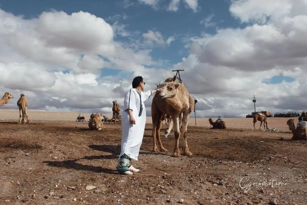 A man in traditional white robes leads a camel across the desert beneath a wide, cloud-streaked sky.