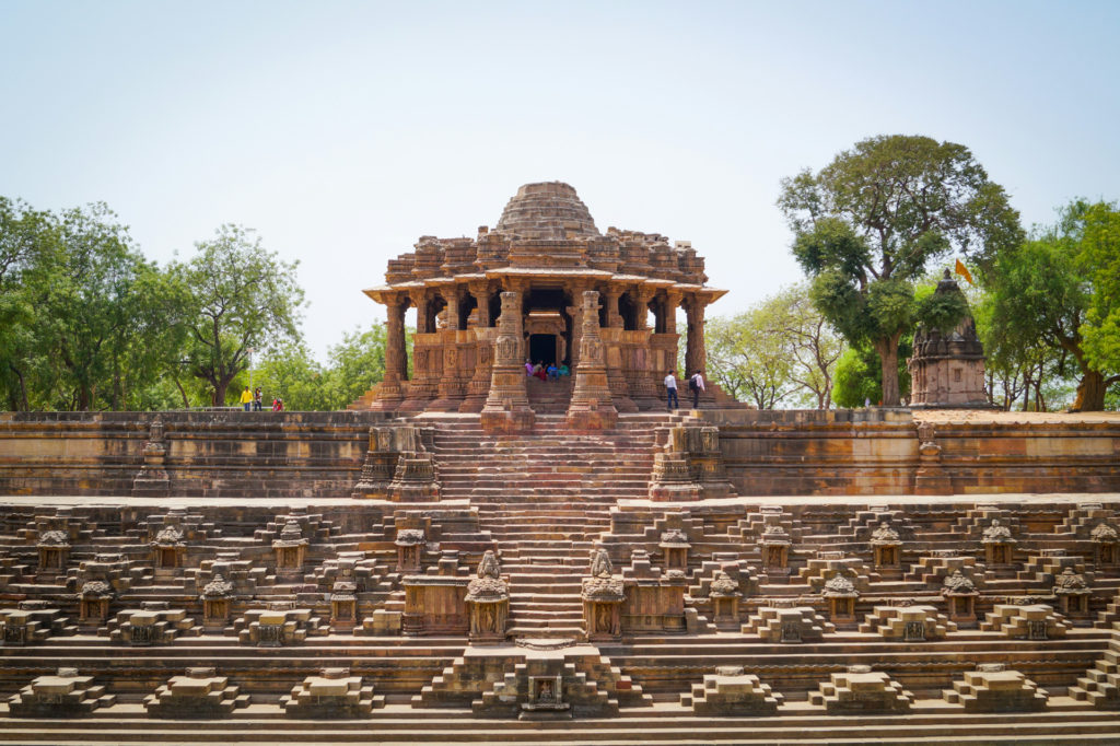 Carved stone pillars and stepped tank at the Sun Temple, Modhera