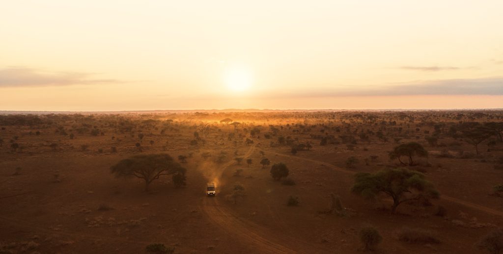 Aerial view of a four-wheel drive game drive vehicle raising dust on a red-earth track across acacia plains in Tawi Conservancy.
