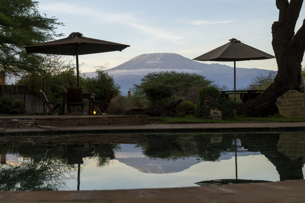 Tawi Lodge swimming pool reflecting Mount Kilimanjaro at dusk, with shade umbrellas, a table and chairs, and acacia trees.