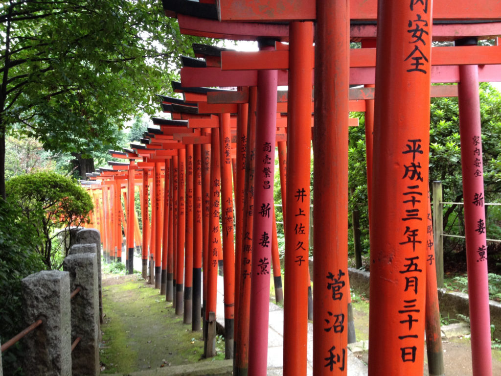 A long row of vermilion torii gates, inscribed in black lettering, lines a mossy path beside stone posts and green trees.