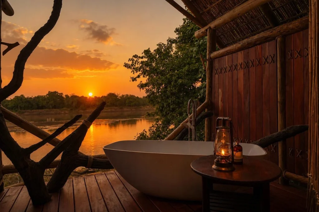 A freestanding outdoor bathtub on a timber deck at Kaingo Camp, a glowing lantern beside it, overlooking the Luangwa River at a blazing orange sunset, South Luangwa, Zambia.