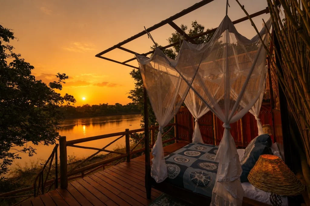 A canopied bed on an open riverside deck at Kaingo Camp, white mosquito nets billowing in the evening breeze, the Luangwa River and a vivid orange sunset sky stretching beyond, South Luangwa, Zambia.