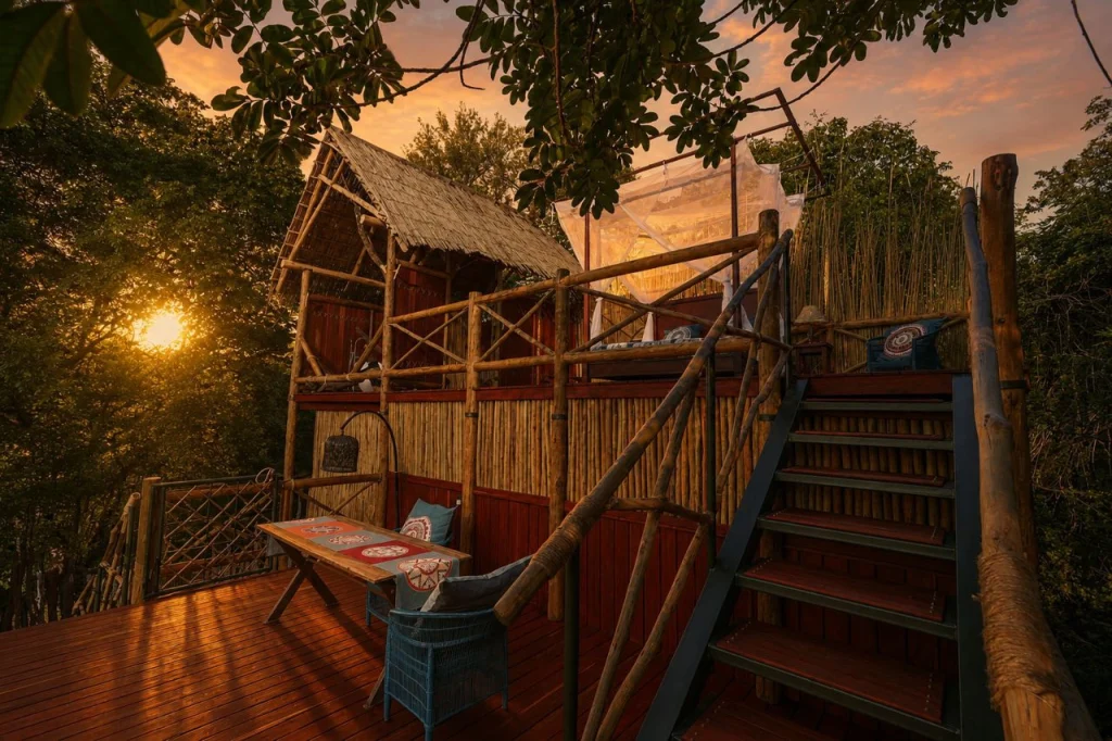The elevated timber deck and reed-walled treehouse suite at Kaingo Camp, stairs leading to an open-air canopied bed above, surrounded by riverine forest as the sun sets behind the treeline, South Luangwa, Zambia.