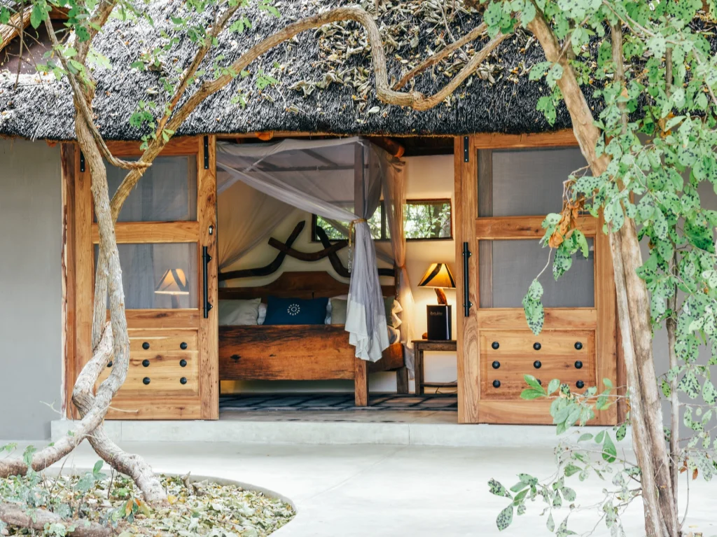 The open timber and mesh doors of a thatched safari chalet at Kaingo Camp reveal a canopied bed with mosquito netting and warm lamp light within, wild fig branches framing the entrance, South Luangwa, Zambia.