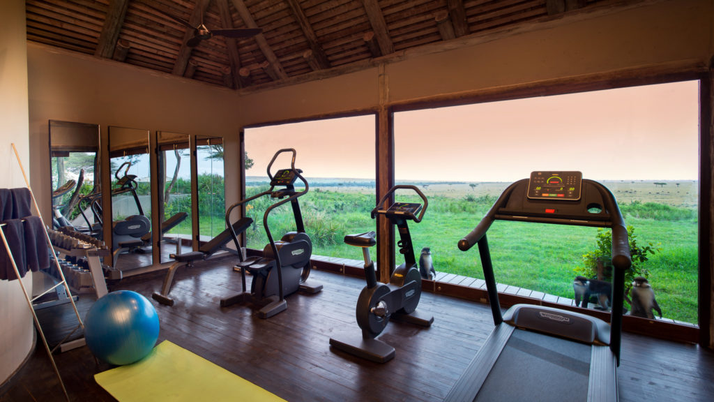 Treadmills and exercise bikes face open views of the Mara plains, with monkeys visible outside