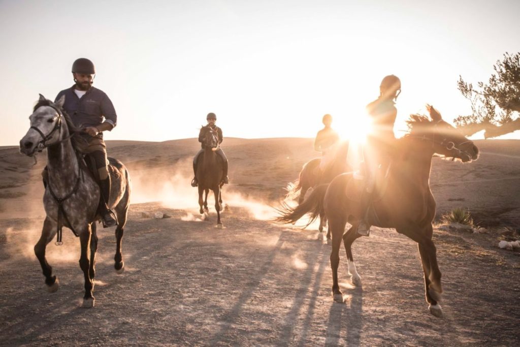 Riders cross the desert at sunset, dust rising behind the horses as light catches the trail.