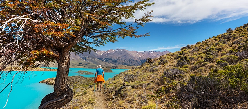 A traveller hiking above a turquoise Patagonian lake framed by rugged hills and distant Andean peaks in southern Chile.