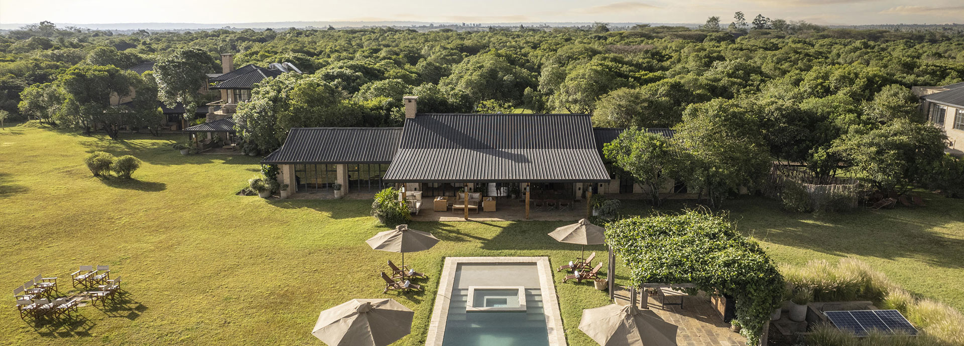 Panoramic aerial view of House in the Wild luxury safari lodge in Kenya