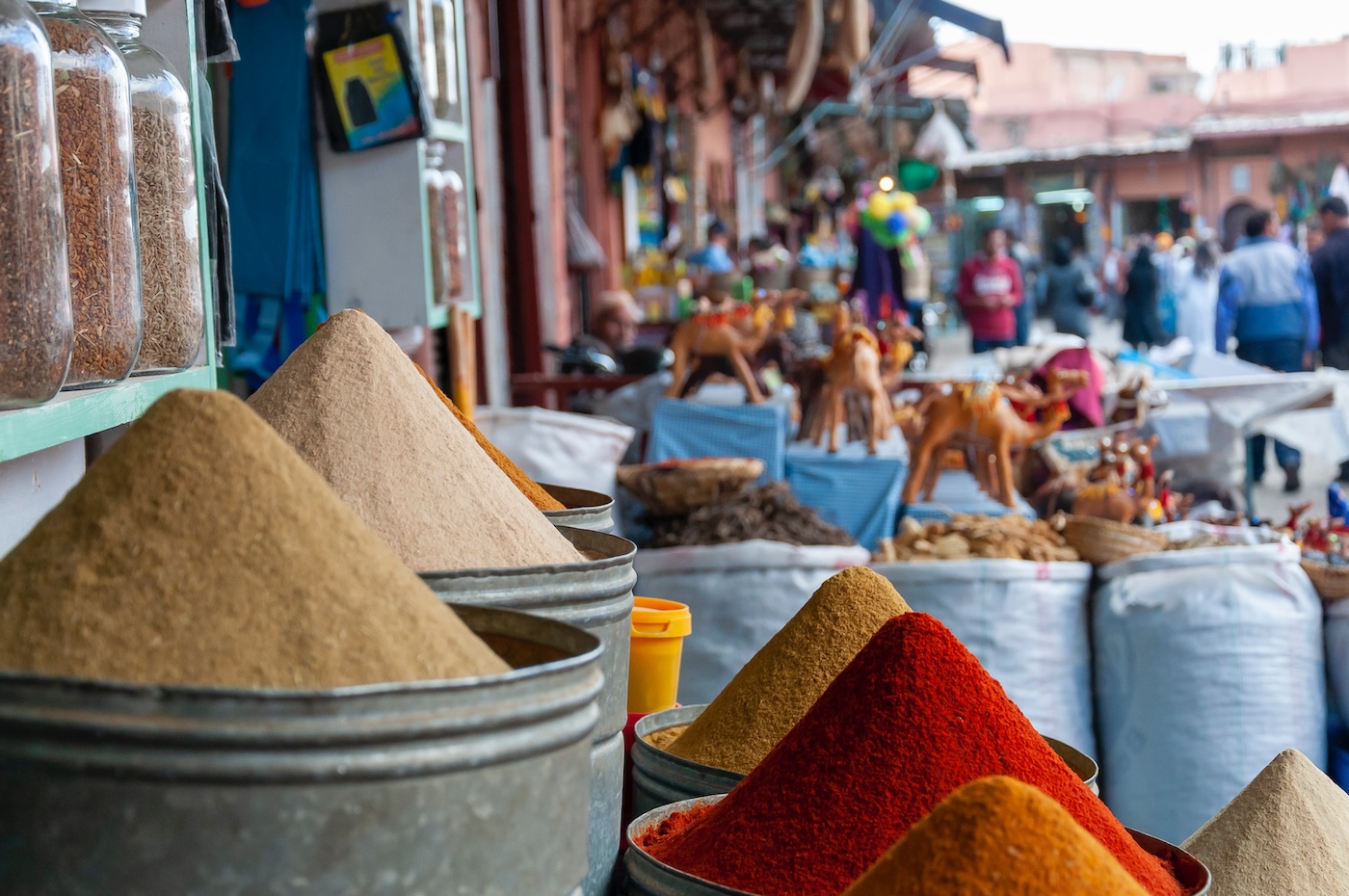 Spices in a marketplace in Marrakech, Morocco