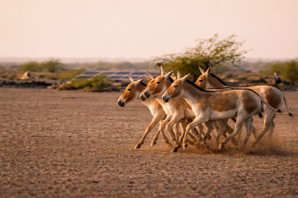 A herd of Indian Wild Ass running across the Little Rann of Kutch